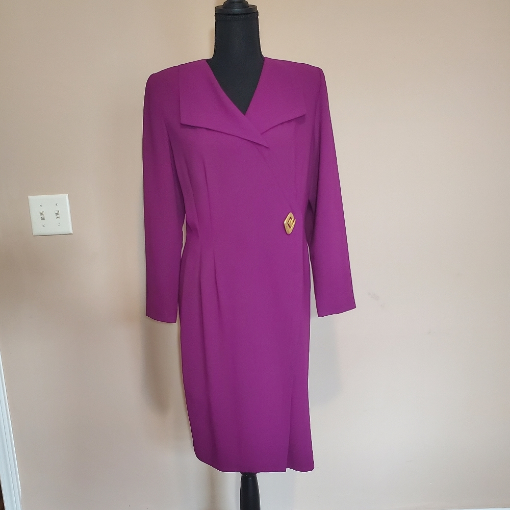Long Sleeve dress . Fushia with gold accent piece